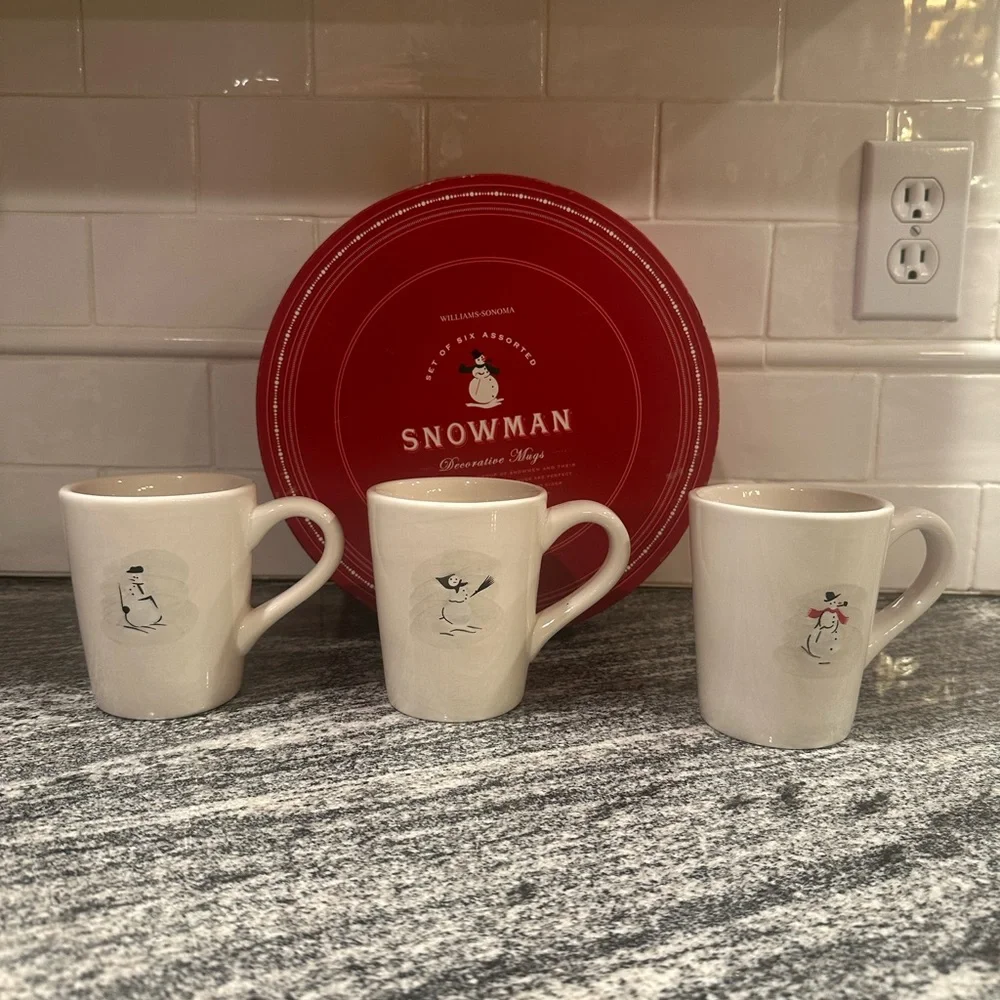 Williams Sonoma Winter Holiday Snowman Christmas Coffee Tea Mug Set of 6